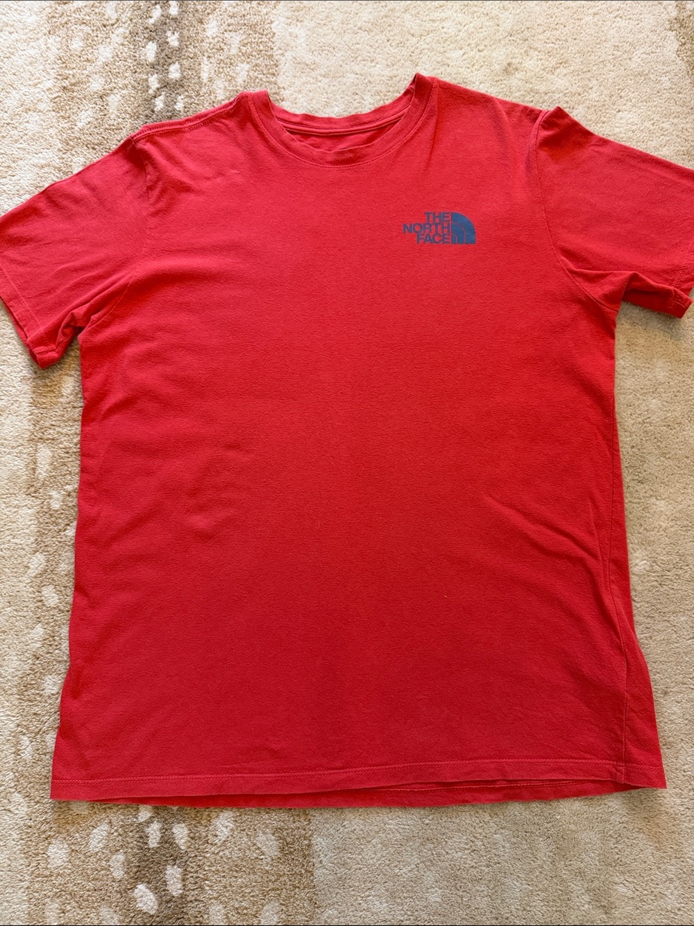 The North Face Men's Bright Red Short Sleeve Tee with Blue Logo